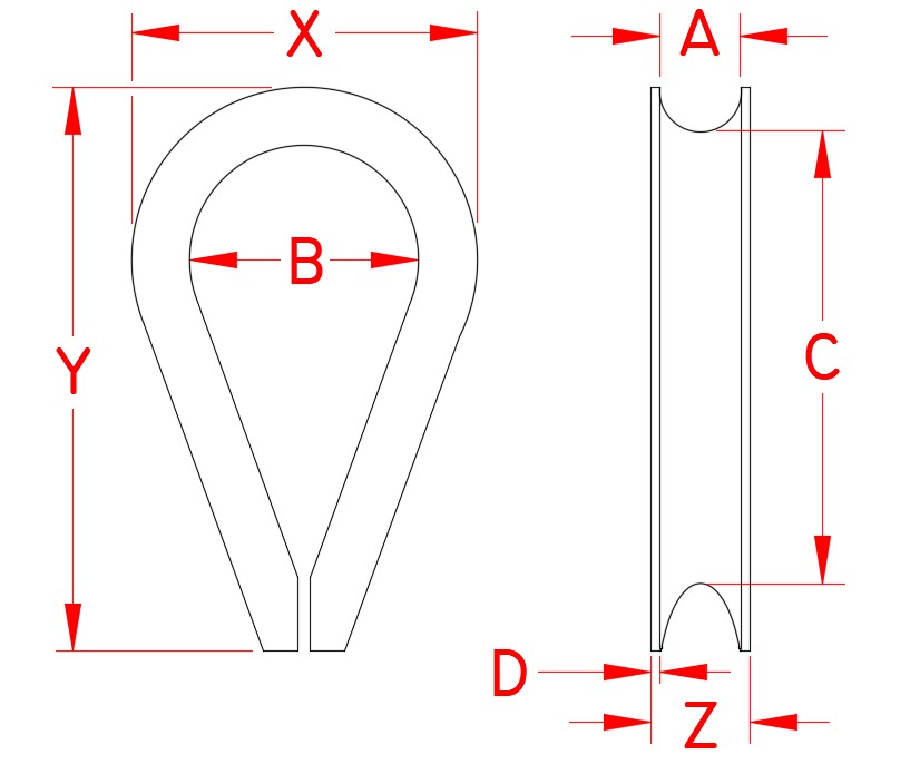Stainless Steel Mil. Spec Thimble, Meets Mil. Spec AN100 (Air Force/Navy), S0124-AN01, S0124-AN03, S0124-AN04, S0124-AN05, S0124-AN07, S0124-AN08, S0124-AN10, S0124-AN12, S0124-AN13, Line Drawing